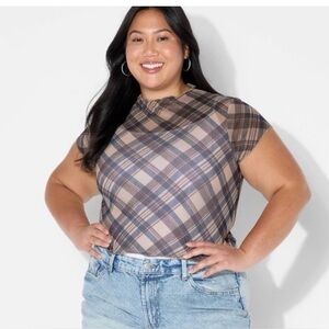 Wild Fable blue, Brown and Tan Plaid Short Sleeve Top